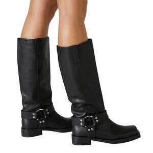 Tony Bianco Biker Boots Leather Tall Buckle Square Toe Gothic Classy Motto Sz 6